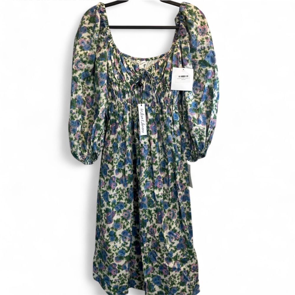 For Love & Lemons NWT Bridget Wisteria Floral Midi Dress S Cotton Puff Sleeve - Picture 3 of 7
